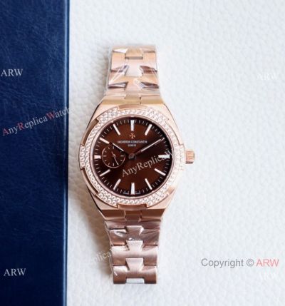 Swiss Grade 1 Vacheron Constantin Women 37mm Overseas Diamond Watch Rose Gold Chocolate Dial